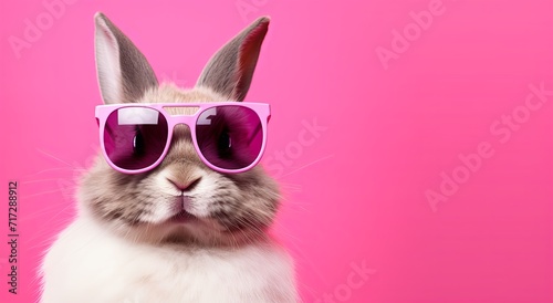 Cool Easter bunny with sunglasses in front of a pink background.