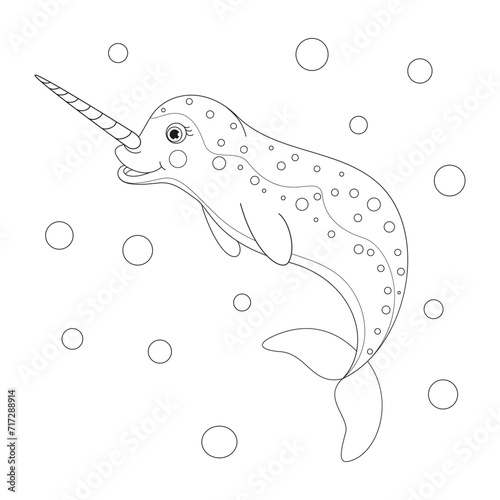 Hand drawn cartoon funny narwhal. Nursery unicorn of sea. Vector illustration isolated on white background.