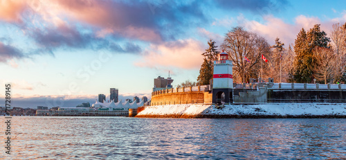 Stanley Park, Downtown Vancouver. Snow Covered Winter Sunrise.