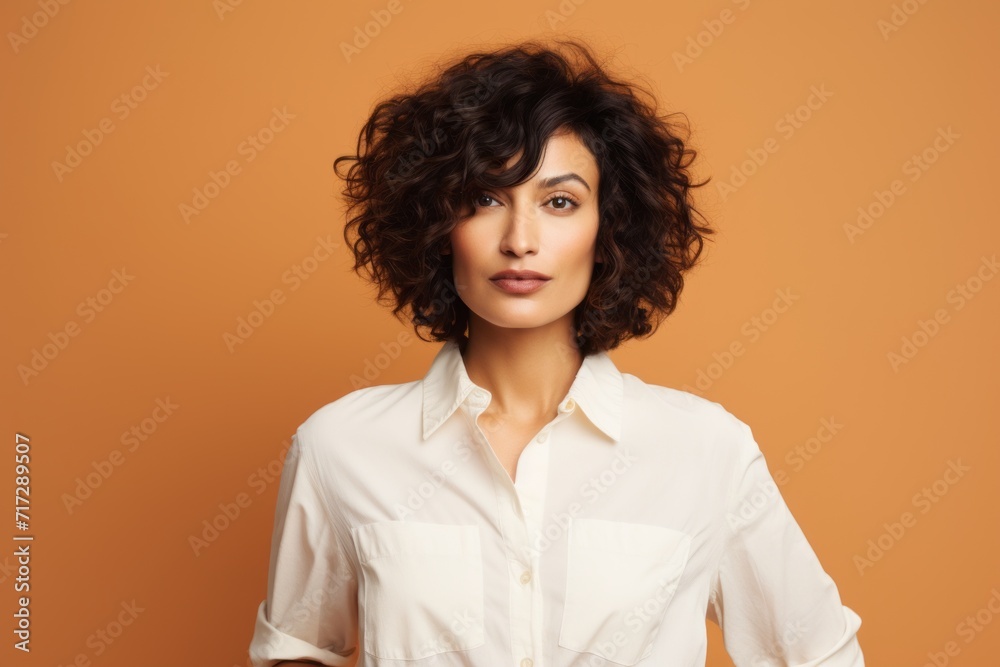 Portrait of a beautiful young woman with curly hair on a brown background Portrait of a beautiful young woman with curly hair on a brown background