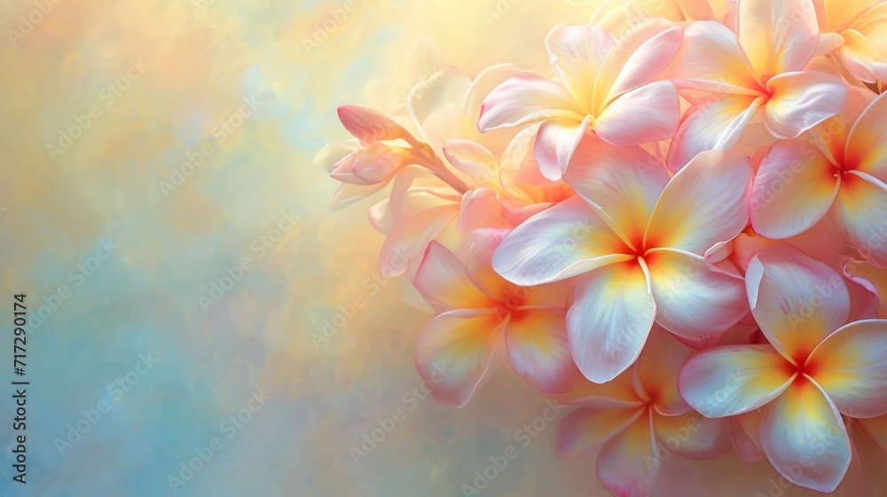 Sun-kissed plumeria flowers in a variety of soft pastels generative ai