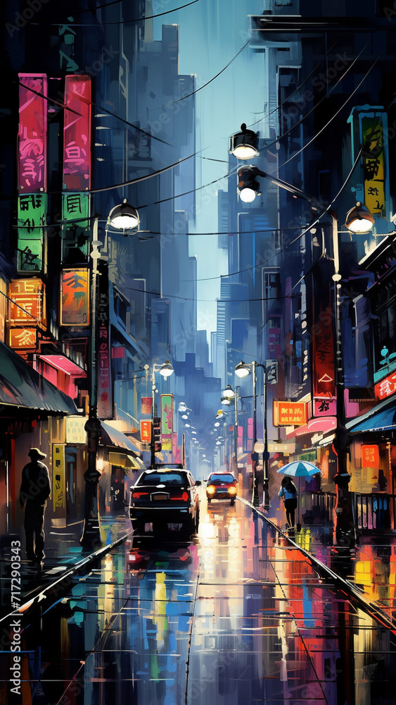 Naklejka premium Neon-Lit Streets with Rain Reflections Capturing Bustling Nightlife and Urban Energy
