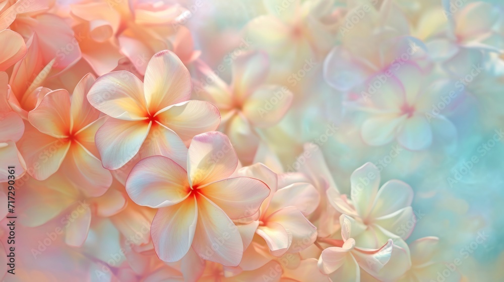 Sun-kissed plumeria flowers in a variety of soft pastels generative ai