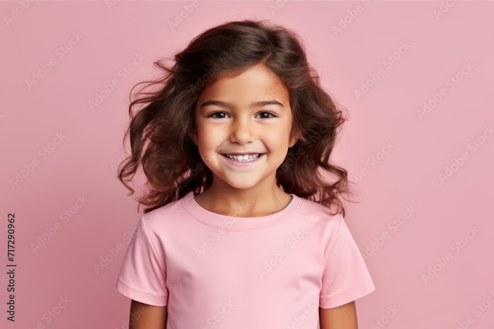 Portrait of a smiling little girl with long curly hair over pink background Portrait of a smiling little girl with long curly hair over pink background