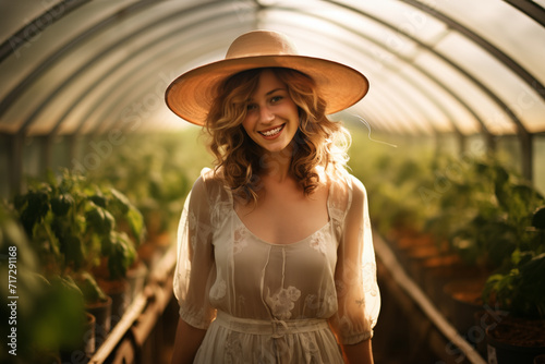Happy young farmer female in greenhouse photo