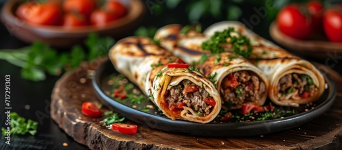 Lavash roll with raw meat, a classic Turkish dish named Cig Kofte Durum.