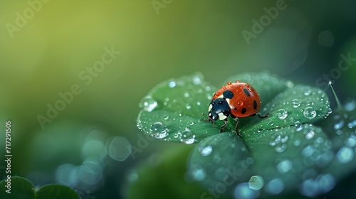 Ladybug On Four Leaf Clover With Dew Drops. (Generative AI).