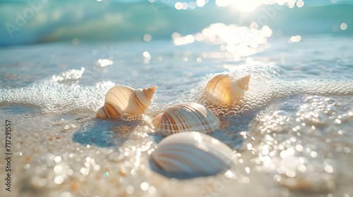 Sea Shells Shimmering At The Beach.  (Generative AI). © Dee