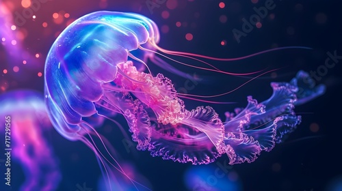 Bright Neon Jellyfish On Dark Purple Background (Generative AI) © Dee