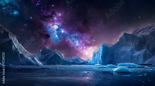 Arctic Ice Glaciers With Aurora Borealis Space Cosmos Background.  (Generative AI). © Dee