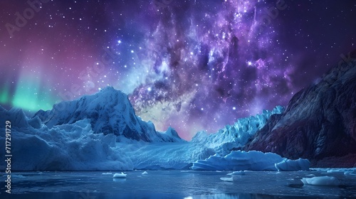 Arctic Ice Glaciers With Aurora Borealis Space Cosmos Background. (Generative AI).