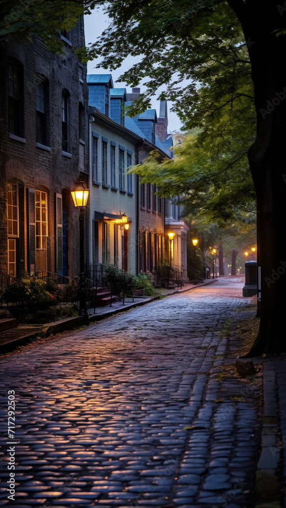 Historic District Beauty at Dawn with Cobblestone Streets and Vintage Charm in Soft Light