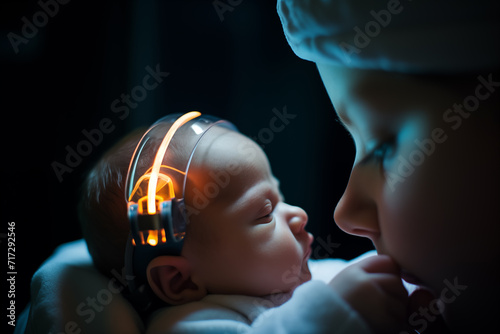 A newborn baby in a futuristic world wearing a digital head band. Mother nursing new baby with microchip. Dystopian future. 