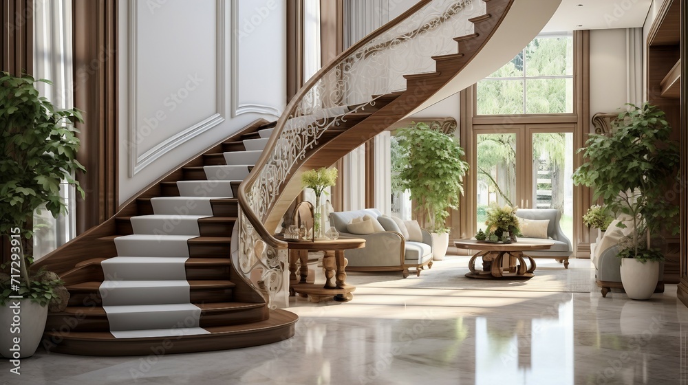 Interior design of modern living room with wooden staircase 3d ...