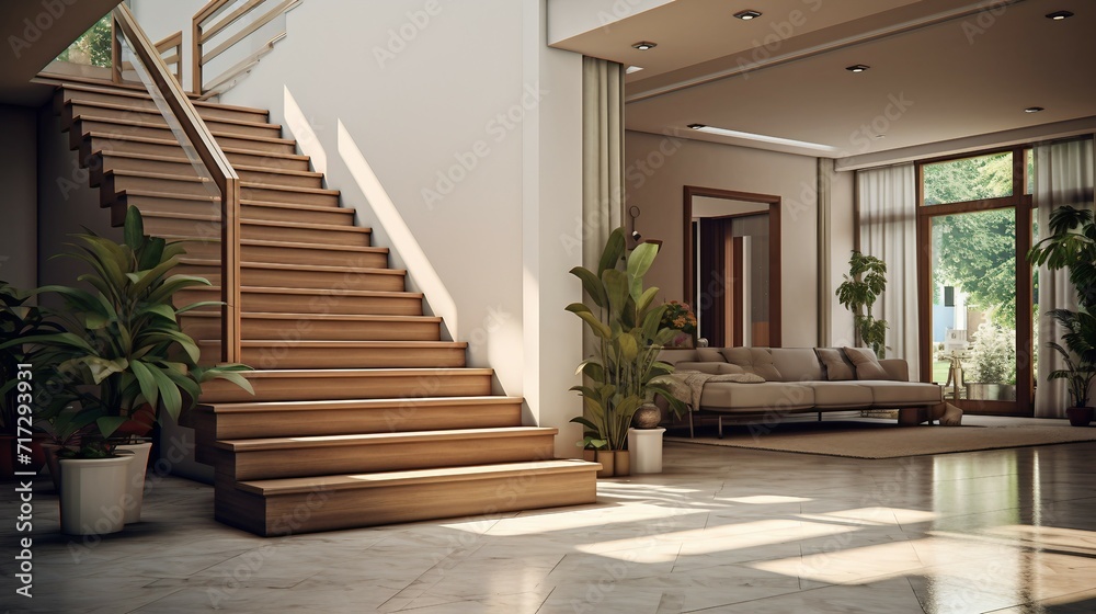 Interior of modern living room with wooden stairs. 3d render Interior of modern living room with wooden stairs. 3d render