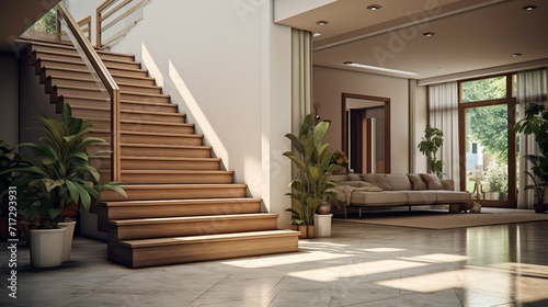 Interior of modern living room with wooden stairs. 3d render