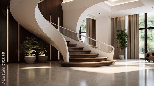 Wooden stairway in modern office lobby. 3d rendering.