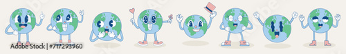 Retro planet in trendy retro cartoon style. Great planet for stickers, banners, posters, design. World Environment Day. Earth Day.