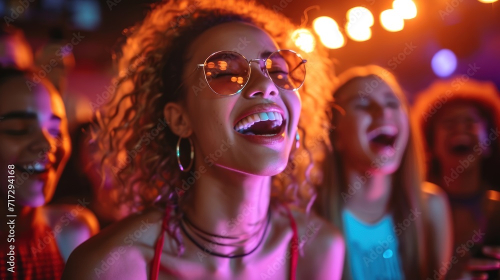 A diverse group of young friends sing at a karaoke party in a nightclub. Enjoy each other's company and laugh together A diverse group of young friends sing at a karaoke party in a nightclub. Enjoy each other's company and laugh together