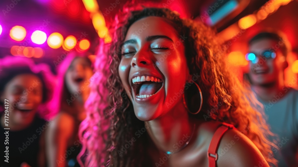 A diverse group of young friends sing at a karaoke party in a nightclub. Enjoy each other's company and laugh together A diverse group of young friends sing at a karaoke party in a nightclub. Enjoy each other's company and laugh together