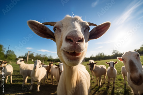 Curious goat and other domestic animals looking at the camera at a farm