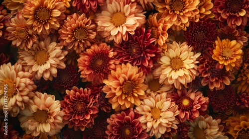 Tropical chrysanthemum flowers in a palette of autumnal hues generative ai