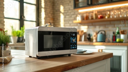 a modern white and black microwave in a house kitchen on the kitchen table.