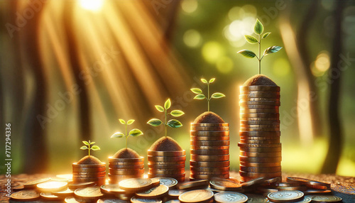 Investment Growth Concept with Coins and Seedlings.Seedlings sprouting from stacked coins on a wooden surface, symbolizing financial growth and investment potential.