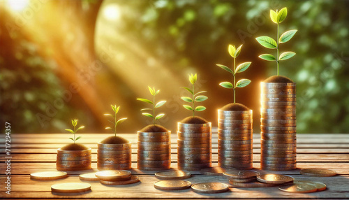 Investment Growth Concept with Coins and Seedlings.Seedlings sprouting from stacked coins on a wooden surface, symbolizing financial growth and investment potential.