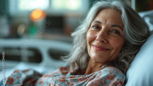 a portrait of a beautiful mature american adult woman patient in a clinic hospital room on a bed receiving good news. photo