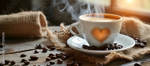 Steam rises from a heart-shaped cup of coffee on a rustic table with burlap sack and beans.