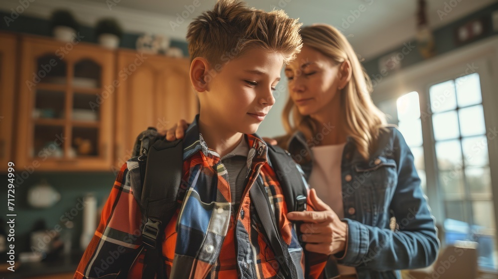 Fototapeta premium Caring for a young mother helping her teenage children get ready for school