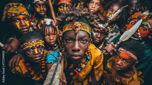 Young men and women from African tribes are half-naked, covered in cultural tattoos, and makeup, and armed with stone spears. Ethnic groups in Africa photo