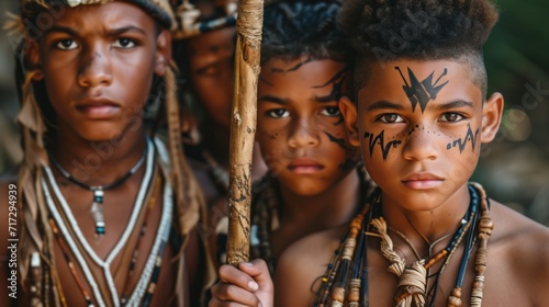 Young men and women from African tribes are half-naked, covered in cultural tattoos, and makeup, and armed with stone spears. Ethnic groups in Africa photo