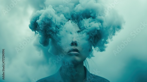A portrait of a woman surrounded by blue smoke, smoking kills awareness  photo