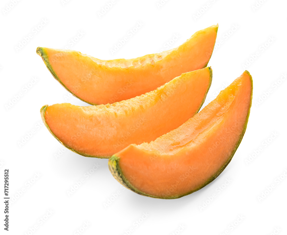 Slices of tasty ripe melon on white background