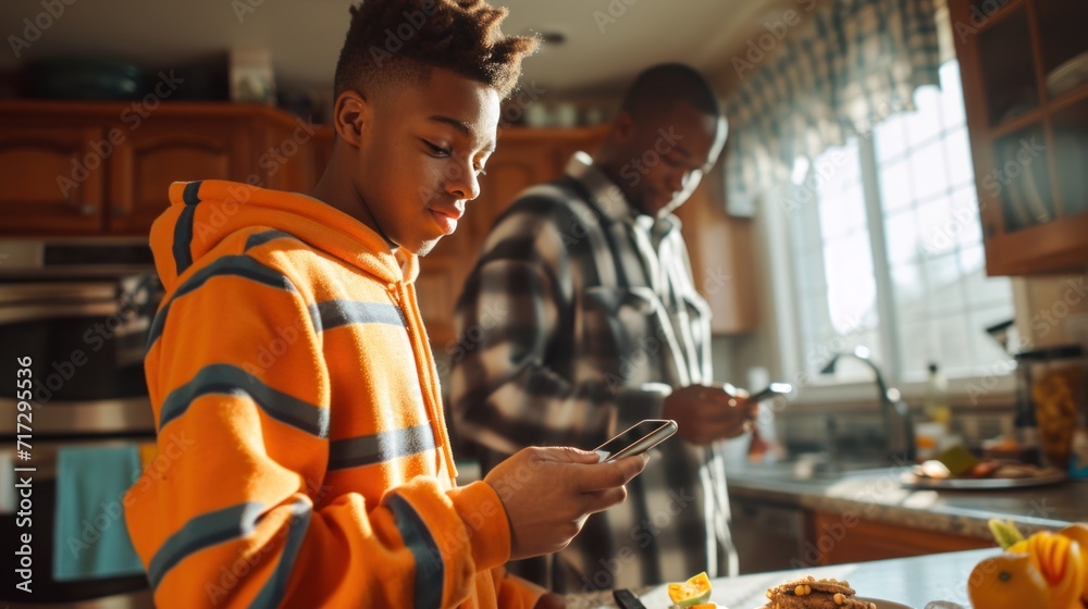 A funny Caucasian teen boy plays a game on his smartphone while his Black African father prepares breakfast.