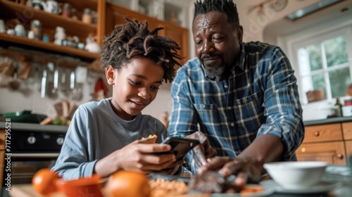 A funny Caucasian teen boy plays a game on his smartphone while his Black African father prepares breakfast.