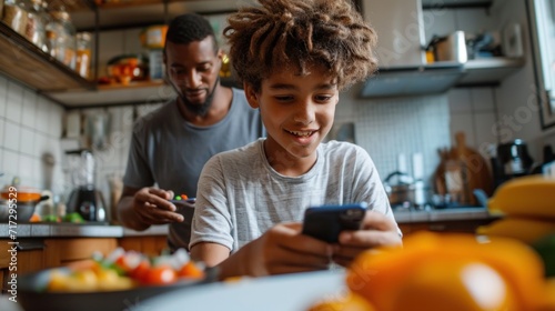 A funny Caucasian teen boy plays a game on his smartphone while his Black African father prepares breakfast. photo