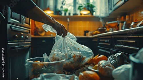 An individual throwing away a trash bag in the kitchen\'s trash bin.