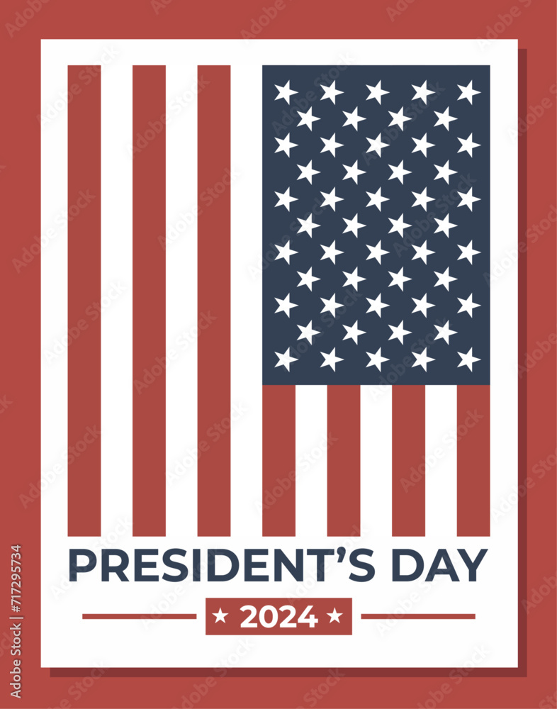 USA President’s day 2024 modern abstract poster. Vector illustration, greeting banner with stars, stripes, flag and lettering. 