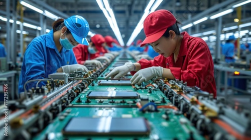 Asian workers working at technology production factory with industrial machines photo