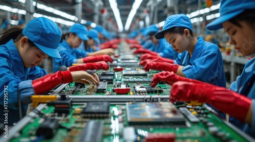 Asian workers working at technology production factory with industrial machines