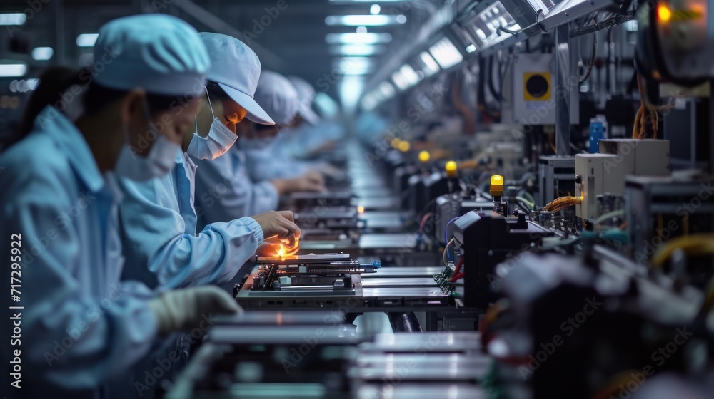 Naklejka premium Asian workers working at technology production factory with industrial machines