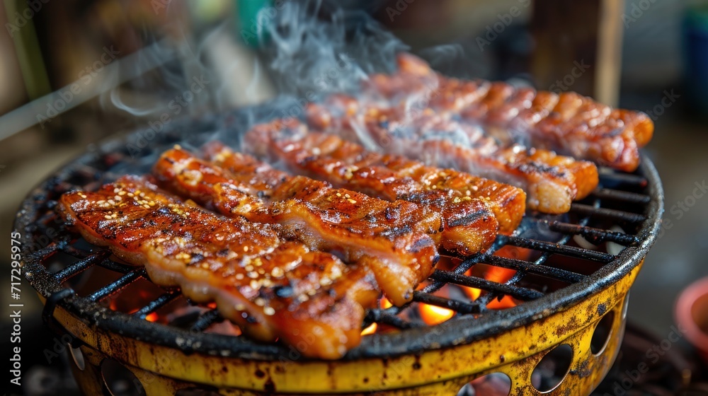 Thai barbecue grill pork bacon on Yellow brass pan BBQ