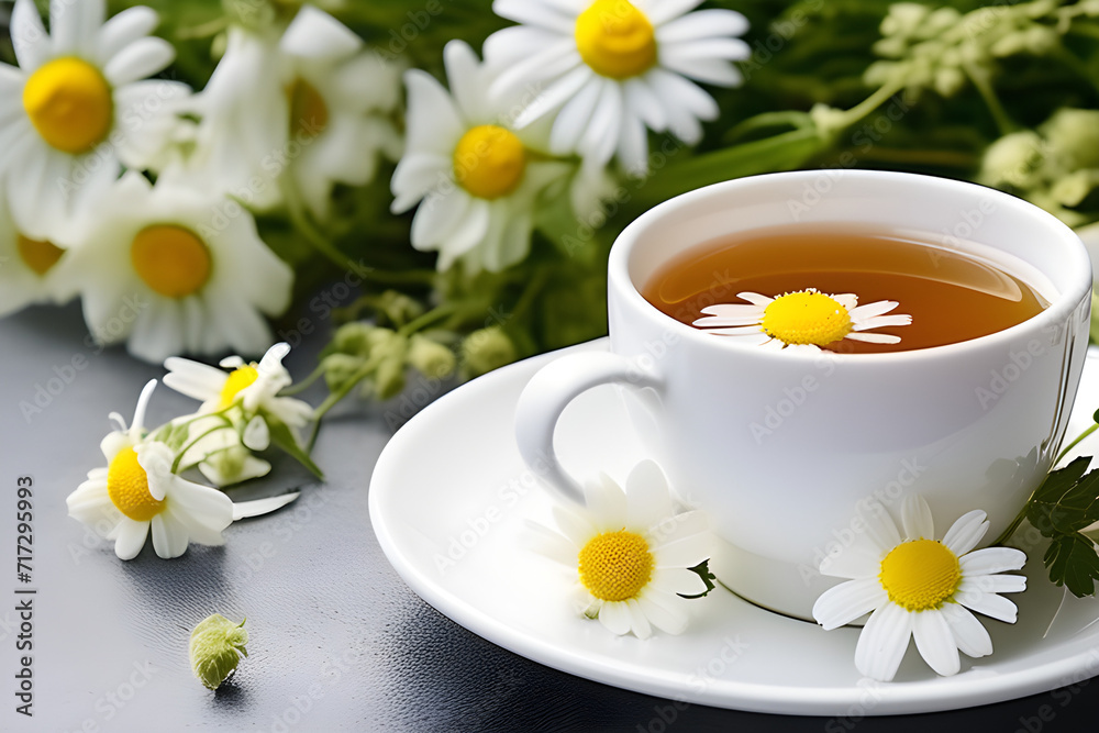 Peaceful Blend: Chamomile Flowers and the True Taste of the White Cup, Chamomile Tea generative ai Peaceful Blend: Chamomile Flowers and the True Taste of the White Cup, Chamomile Tea generative ai