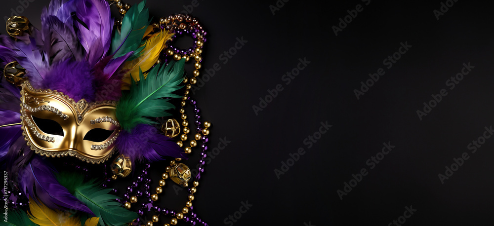 Golden carnival masquerade mask with feathers and beads on dark background