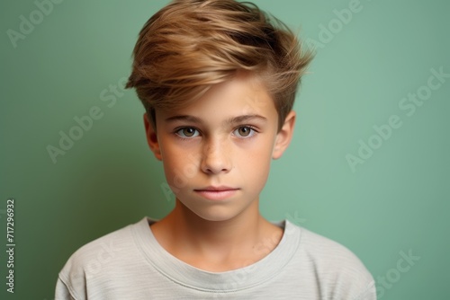 Portrait of a little boy with blond hair on a green background