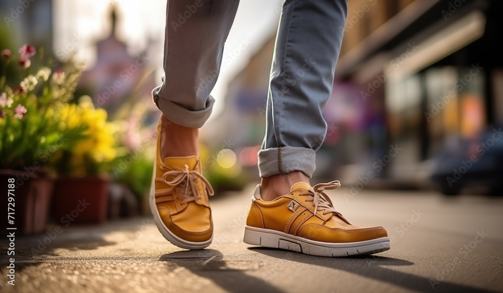 close-up shot capturing the shoes of a person walking down the street - city trip travel adventure promotion ad asset illustration - obrazy, fototapety, plakaty 