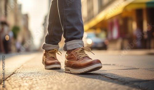 close-up shot capturing the shoes of a person walking down the street - city trip travel adventure promotion ad asset illustration photo